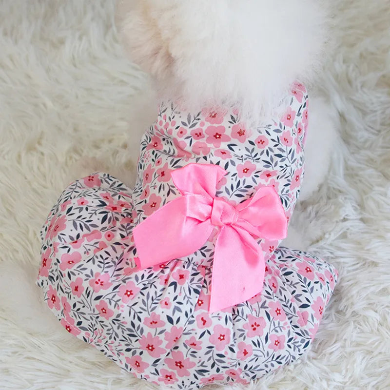 Floral Dog Dress with Pink Bow: Perfect Spring Outfit for Your Pet