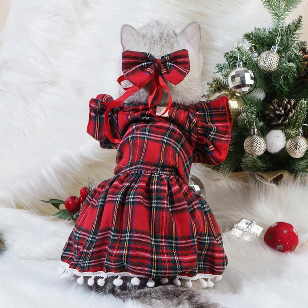 Chic Plaid Cat Dress With Pompom