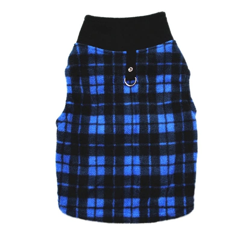 This image showcases a blue and black plaid winter dog vest. The vest features a vibrant blue checkered pattern, accented with black lines to create a bold plaid design.