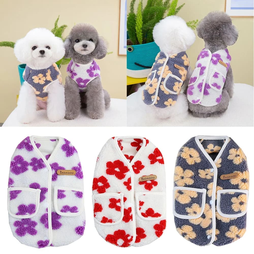 This image showcases an adorable range of Floral Fleece Dog Vest designed to keep your furry friend warm and stylish.