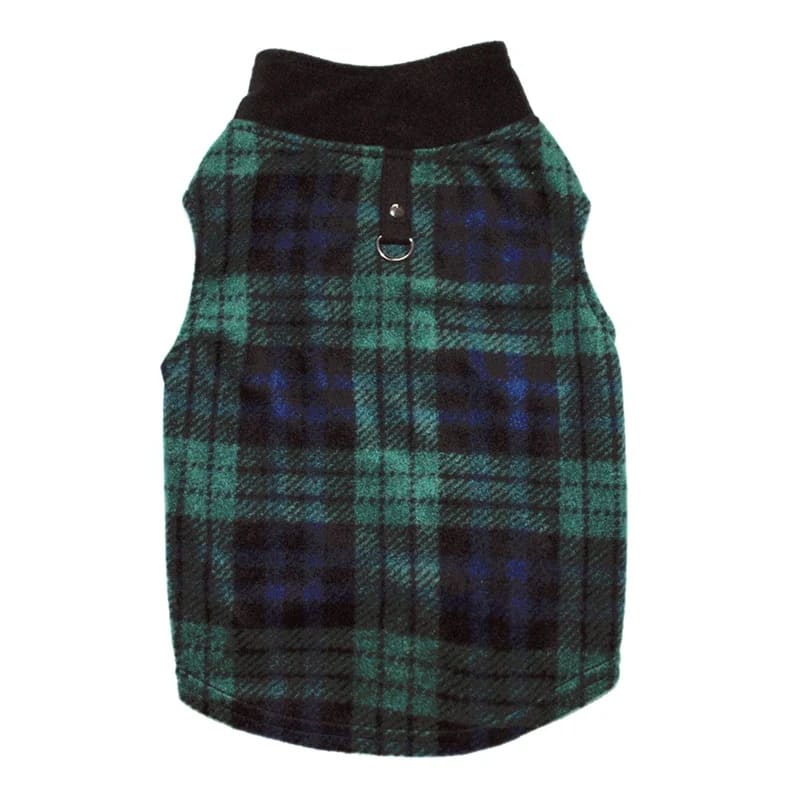 This image features a green plaid winter dog vest with a rich combination of dark green and navy blue colors forming a traditional tartan pattern. 