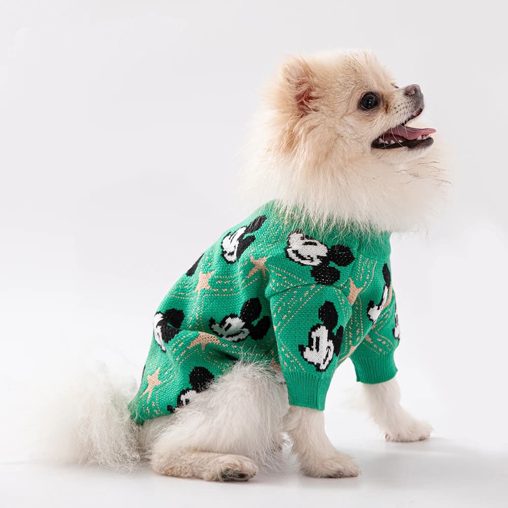 A bright green, Chic Pup Fashion sweater adorned with playful black and white character faces and stars. Ideal for stylish pets.