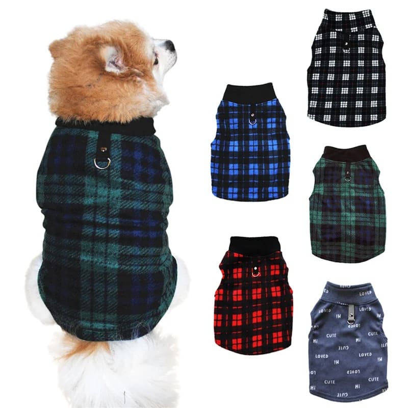 The image presents a selection of plaid winter dog vest in various colors and patterns. 