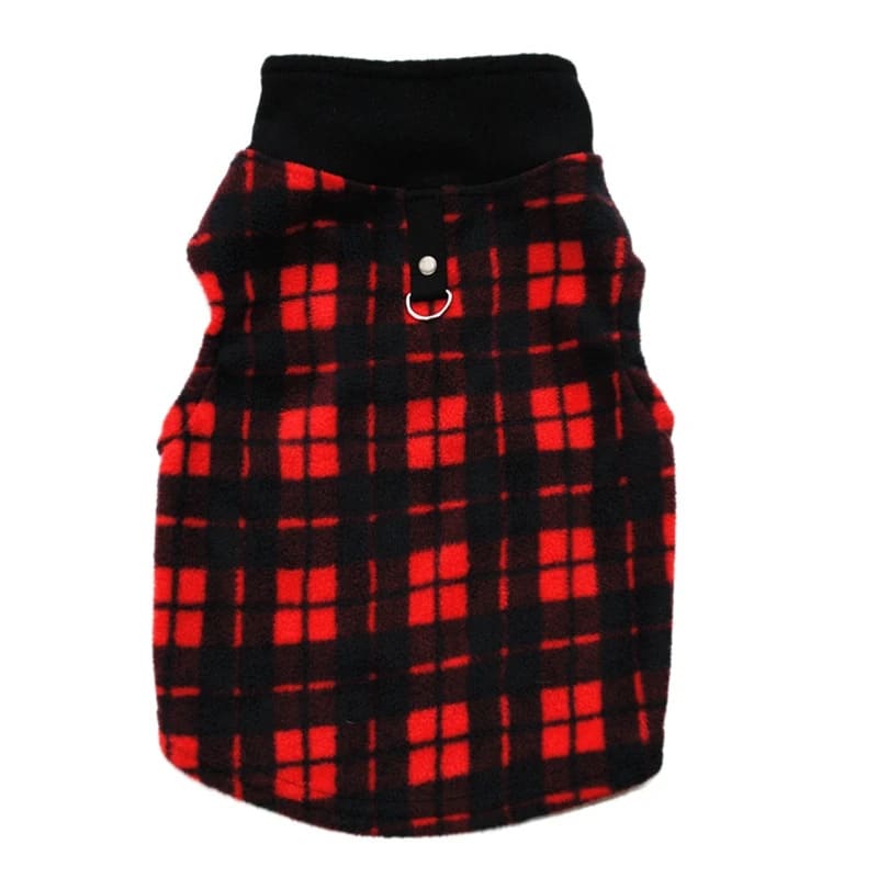 The image features a vibrant red and black plaid winter dog vest.