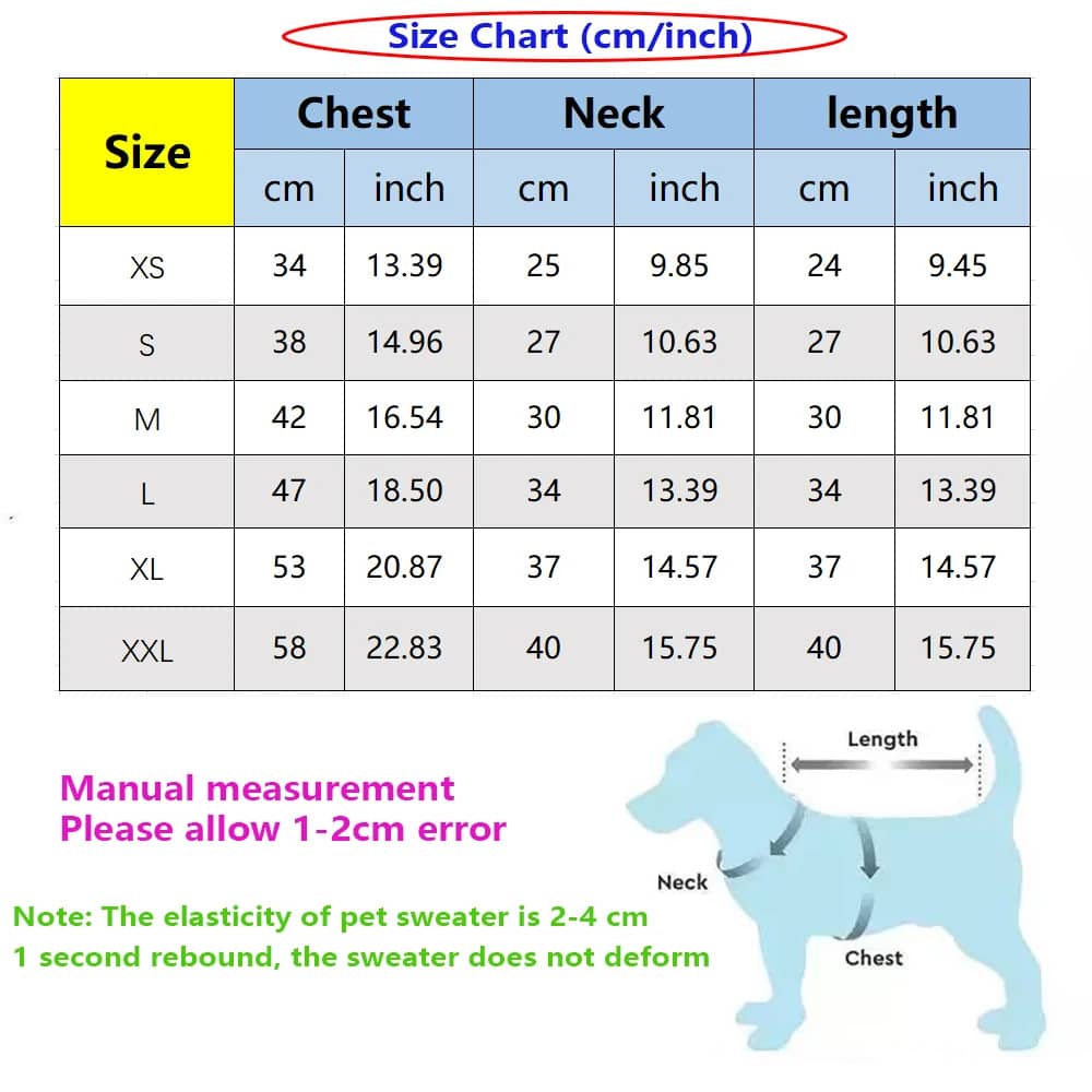 A detailed size chart for Chic Pup Fashion sweaters in both cm and inches, highlighting measurements for chest, neck, and length from XS to XXL.